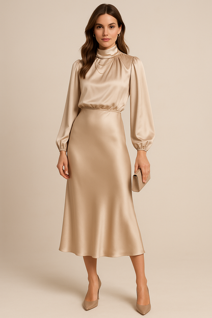Monika | Women's Long Sleeve High-Neck Midi Dress