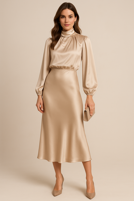 Monika | Women's Long Sleeve High-Neck Midi Dress