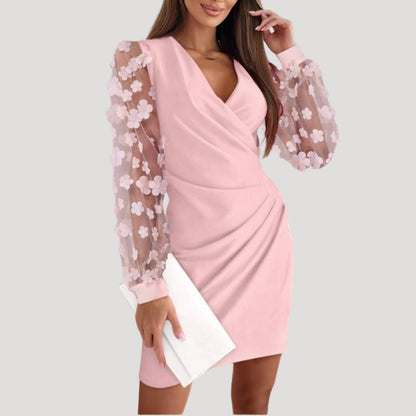 Anke | Women's Mini-Wrap Dress with Sheer Sleeves and V-Neck