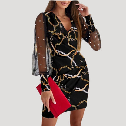 Anke | Women's Mini-Wrap Dress with Sheer Sleeves and V-Neck