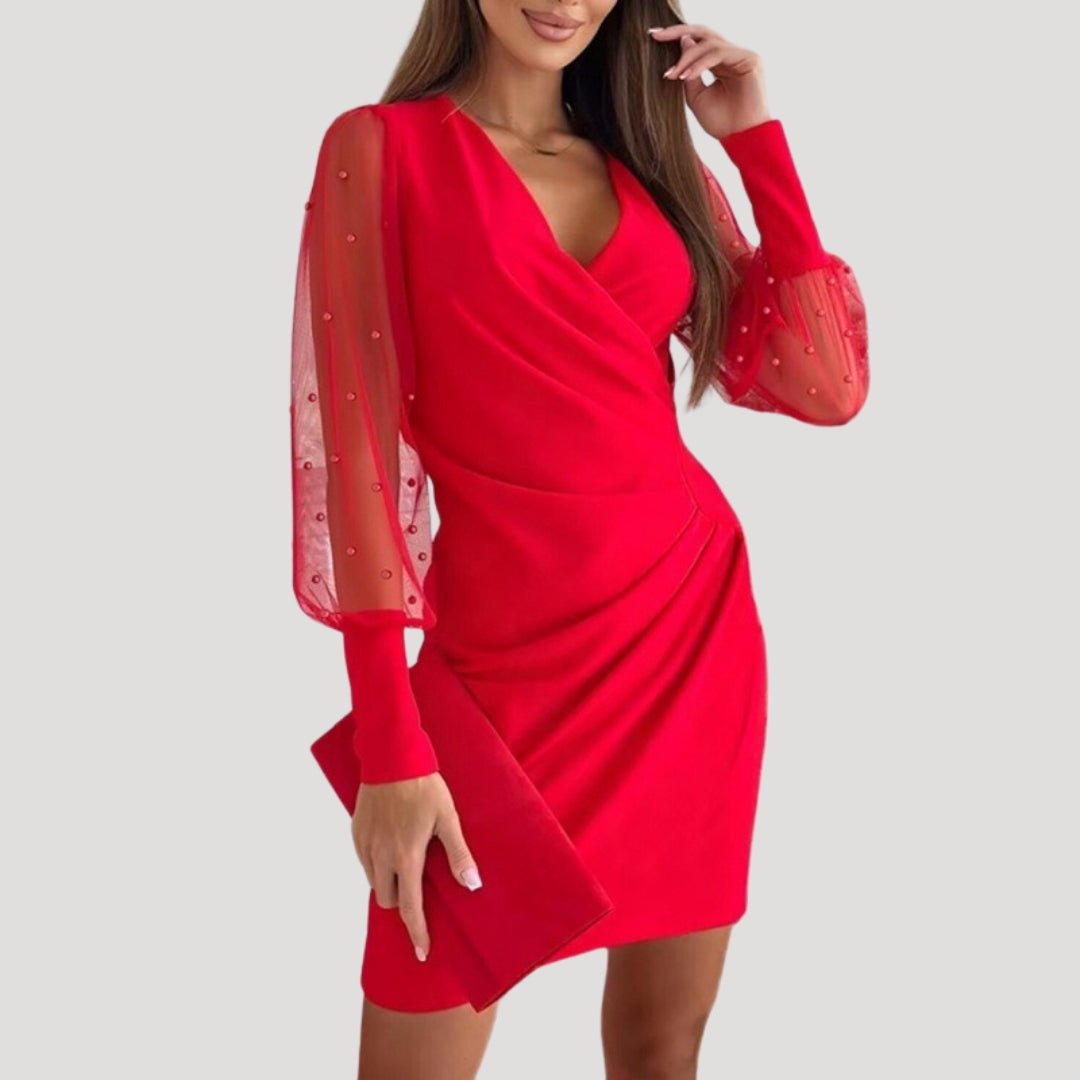 Anke | Women's Mini-Wrap Dress with Sheer Sleeves and V-Neck