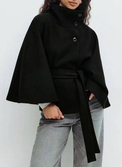 Felicia | Women's Spring Cape Coat with Belt and Stand Collar