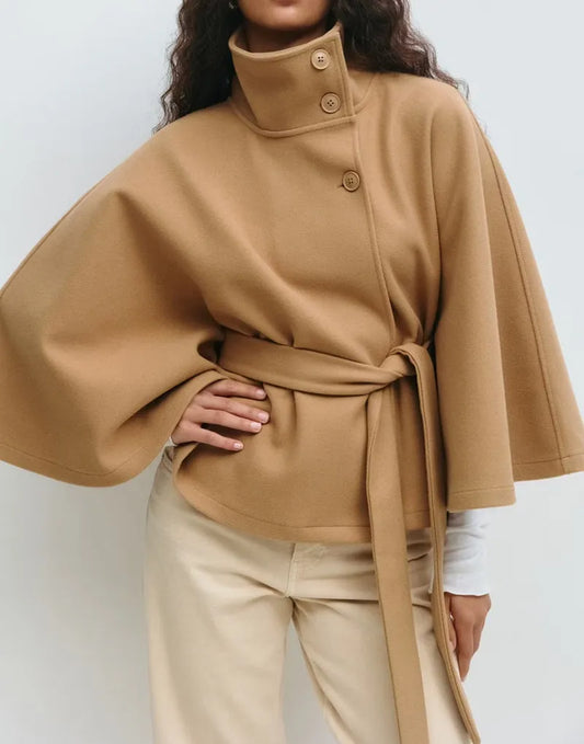 Felicia | Women's Spring Cape Coat with Belt and Stand Collar