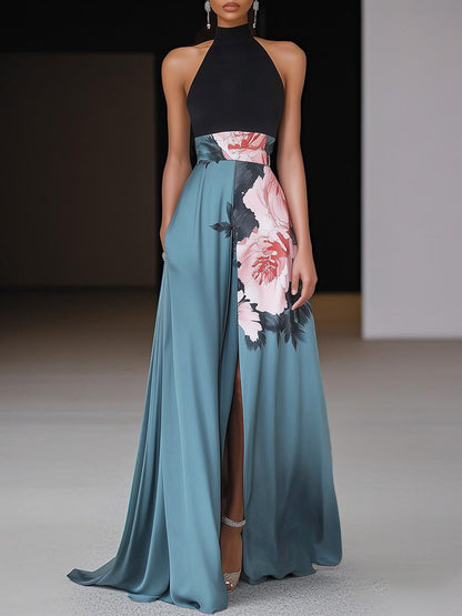 Angela | Women's Chic Schwarzes Slit Floral Classic Round Neck Sleeveless A-Line Maxi Dress
