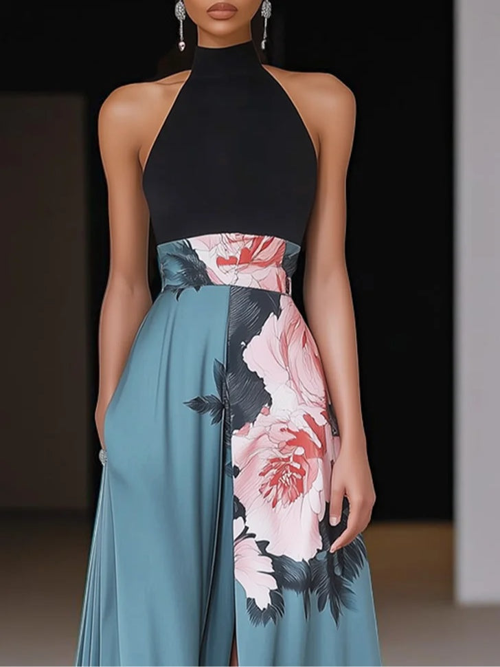 Angela | Women's Chic Schwarzes Slit Floral Classic Round Neck Sleeveless A-Line Maxi Dress