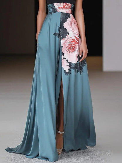 Angela | Women's Chic Schwarzes Slit Floral Classic Round Neck Sleeveless A-Line Maxi Dress