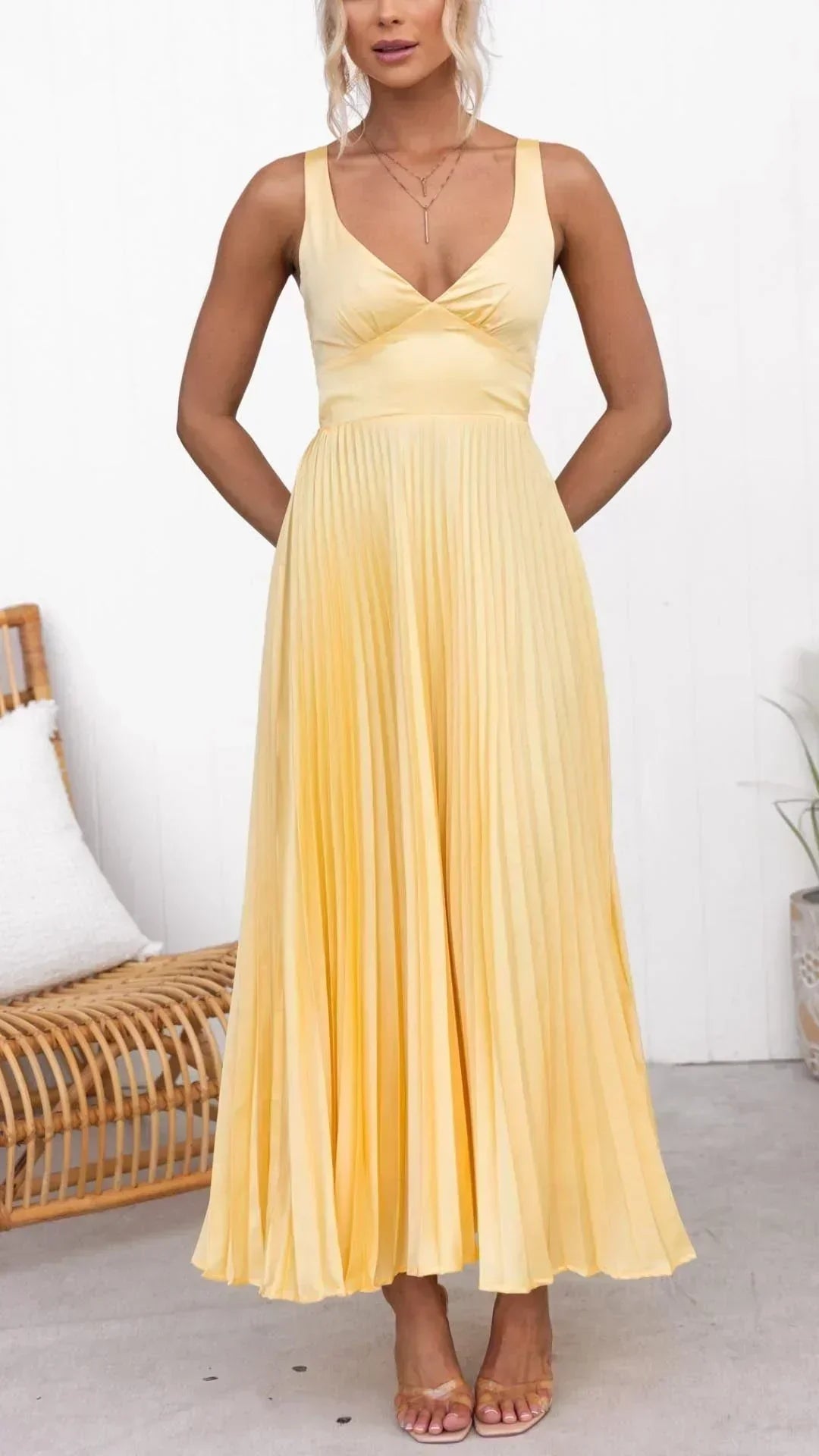 Barbara | Women's V-Neck Pleat Maxi Dress