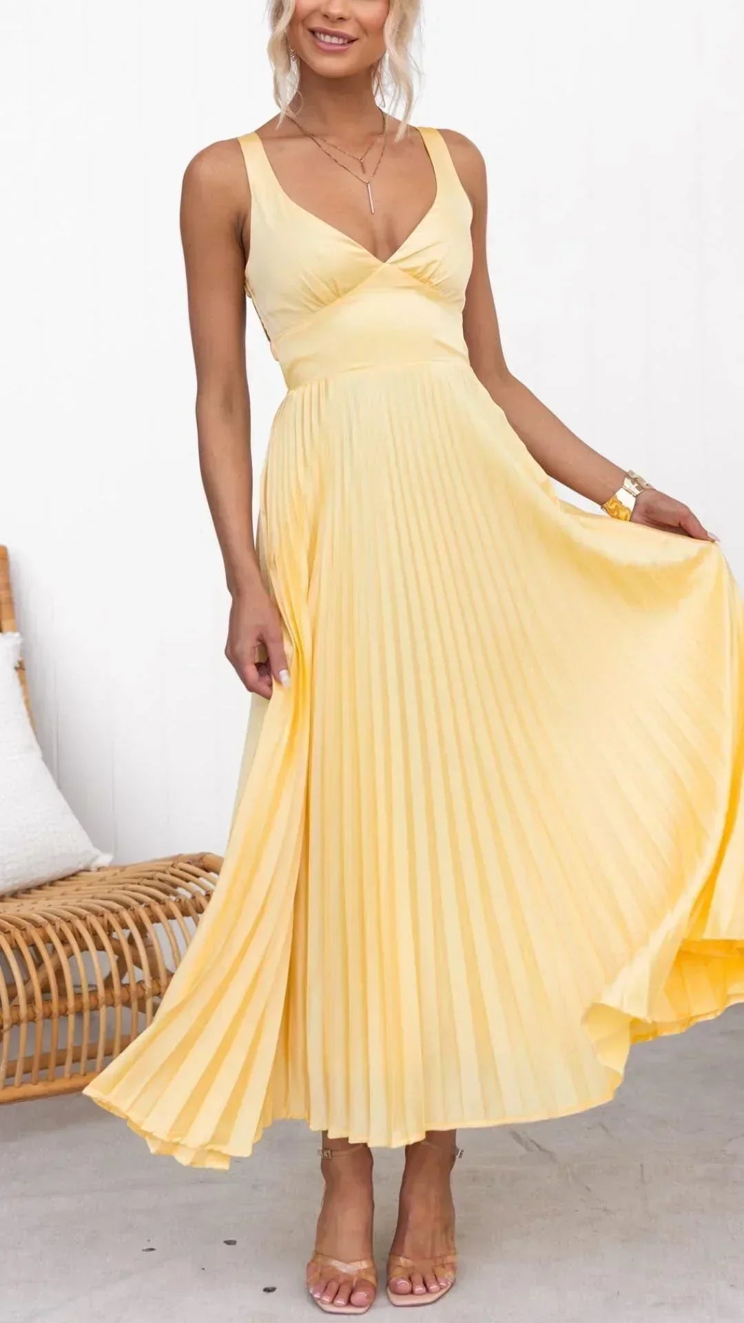 Barbara | Women's V-Neck Pleat Maxi Dress