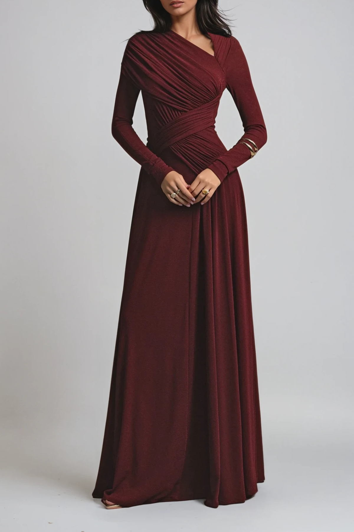 Lisette | Asymmetric Neckline Ruched Long Sleeve Evening Maxi Dress