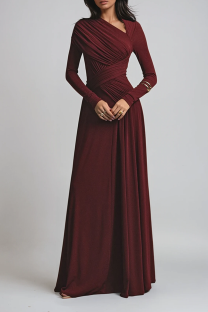 Lisette | Asymmetric Neckline Ruched Long Sleeve Evening Maxi Dress