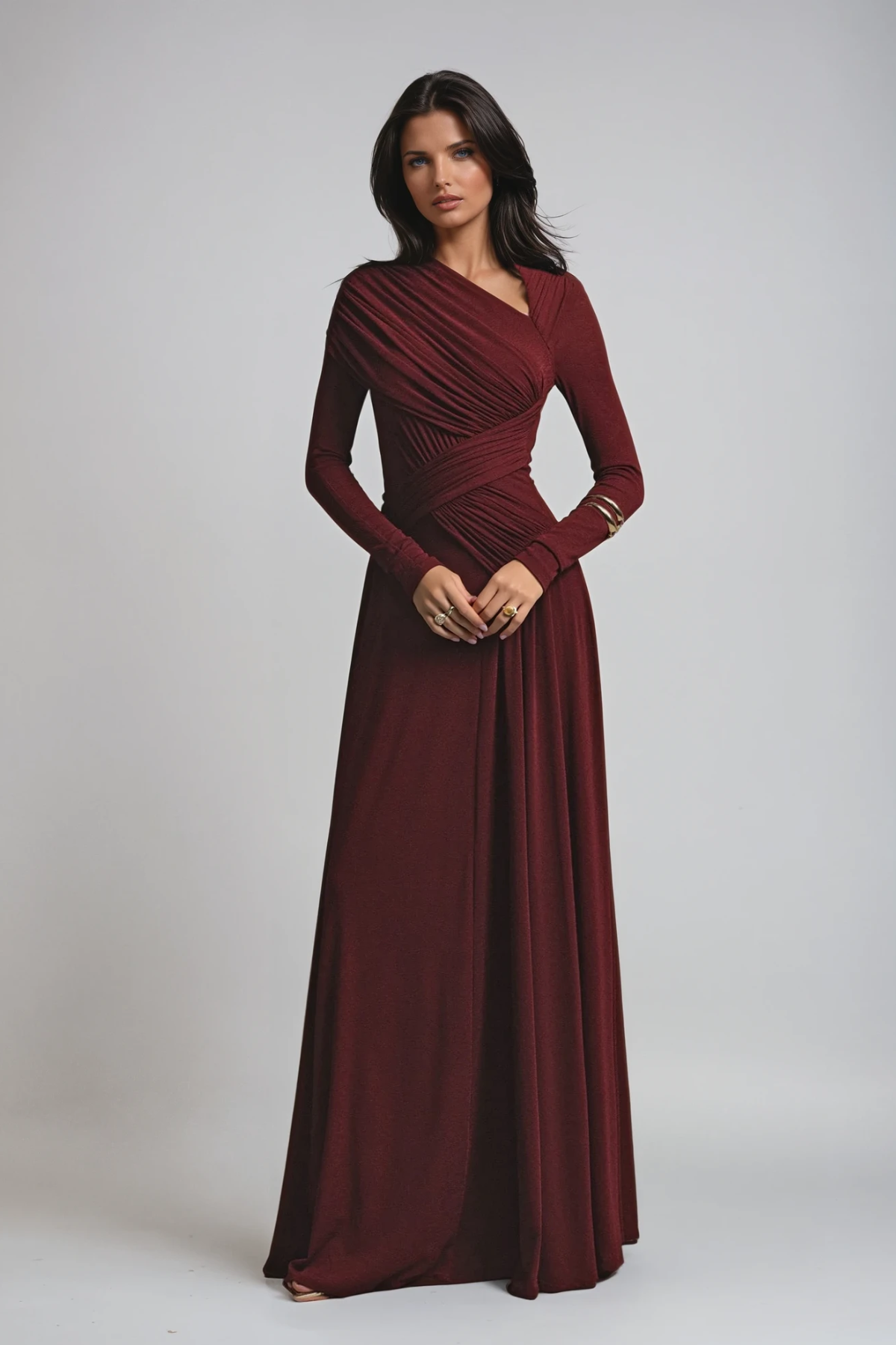 Lisette | Asymmetric Neckline Ruched Long Sleeve Evening Maxi Dress