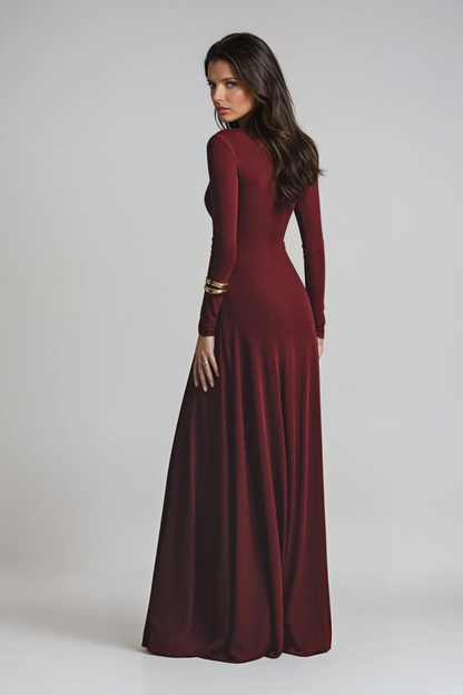 Lisette | Asymmetric Neckline Ruched Long Sleeve Evening Maxi Dress