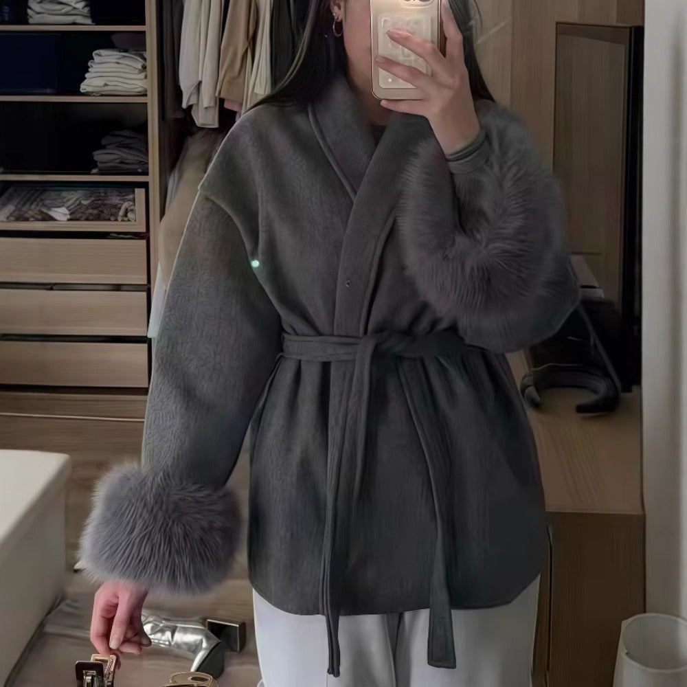 Daniela | Women's Coat with Belt and Faux Fur Sleeves