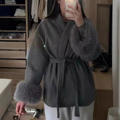 Daniela | Women's Coat with Belt and Faux Fur Sleeves
