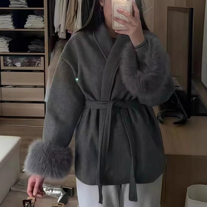 Daniela | Women's Coat with Belt and Faux Fur Sleeves