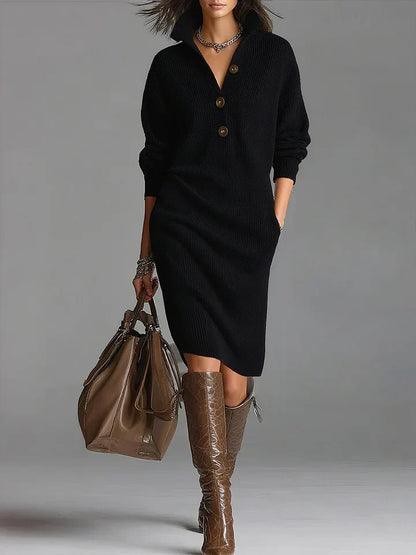 Helene | Women's Midi Dress with Button Placket and Ribbed
