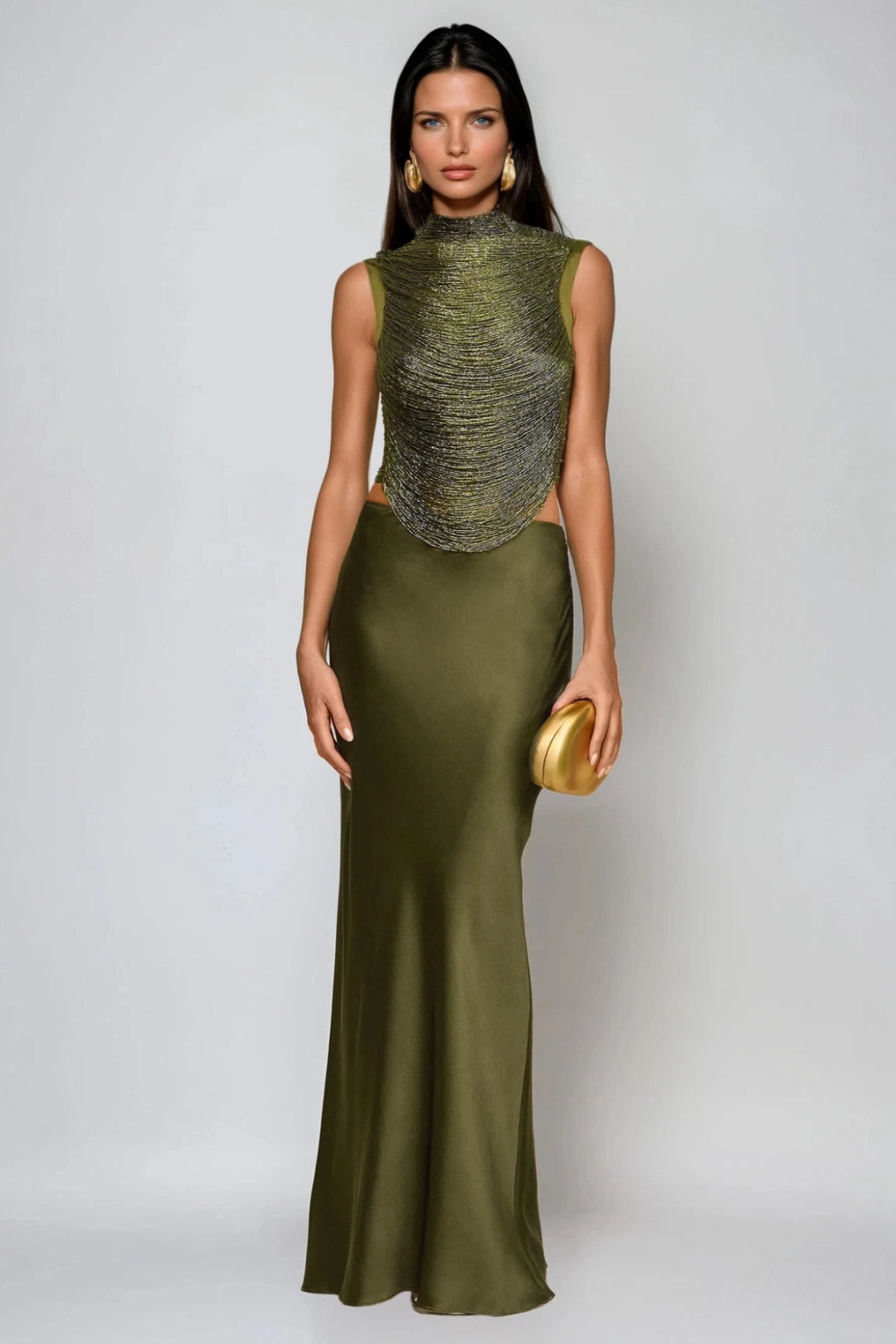 Valentina | Draped High Neck Top and Satin Maxi Skirt Set