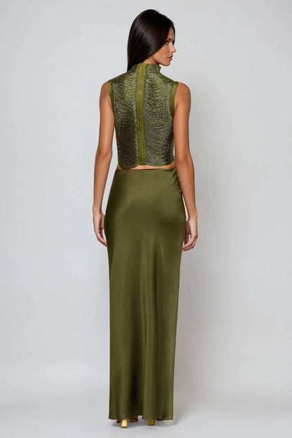 Valentina | Draped High Neck Top and Satin Maxi Skirt Set
