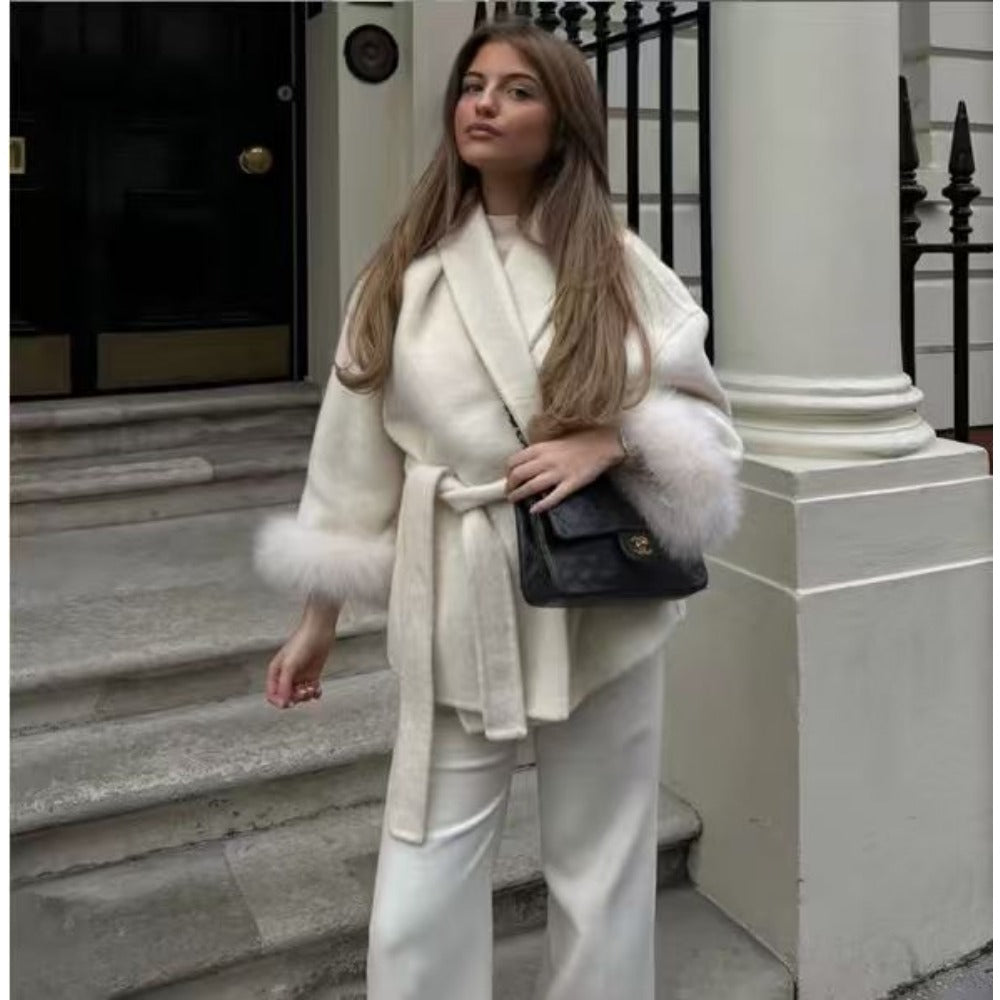 Daniela | Women's Coat with Belt and Faux Fur Sleeves