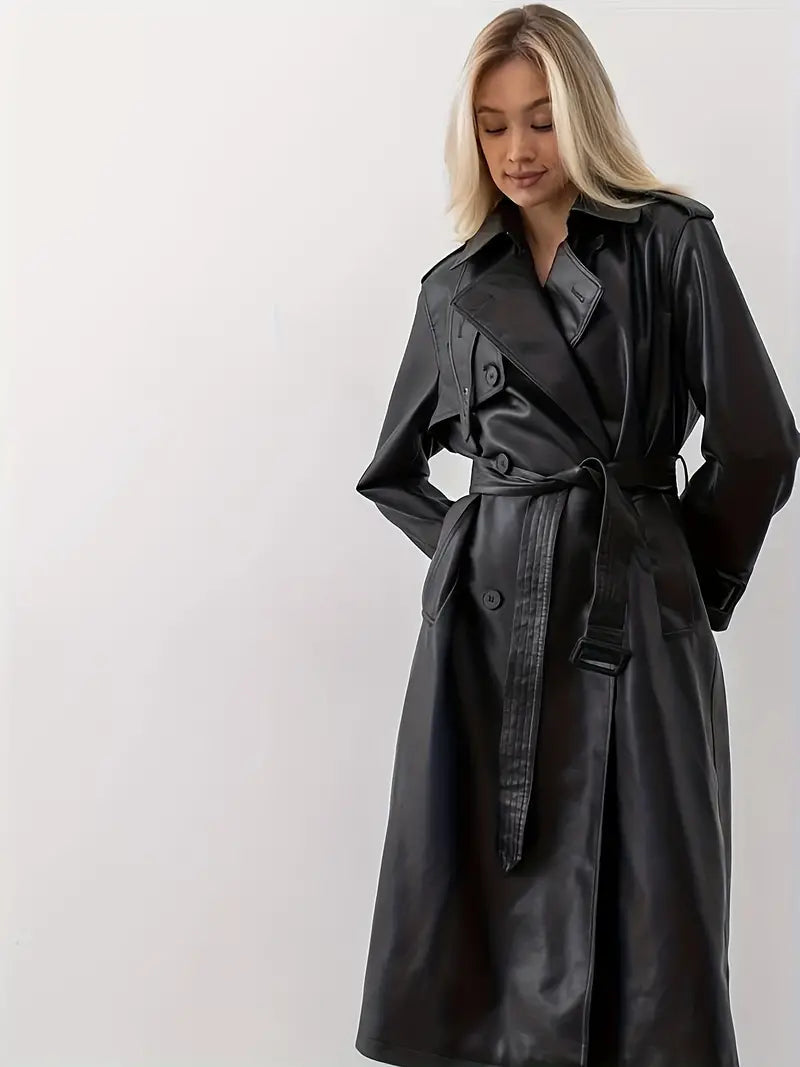 Edith | Women's Long Belt-Wearing Faux Leather Trench Coat