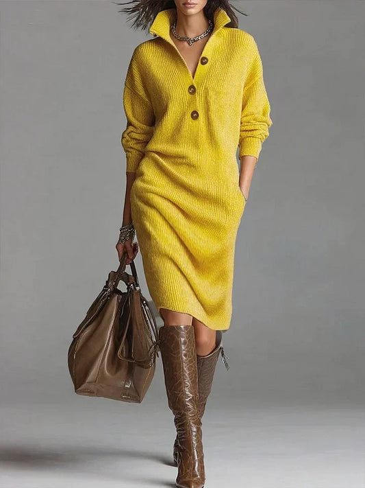 Helene | Women's Midi Dress with Button Placket and Ribbed