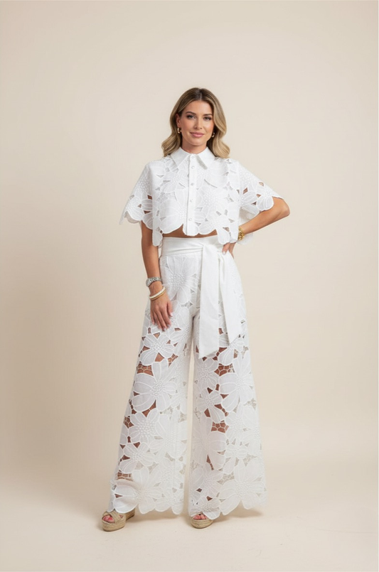 Delphine | Floral Lace Cut-Out Crop Top and Wide-Leg Pants Set