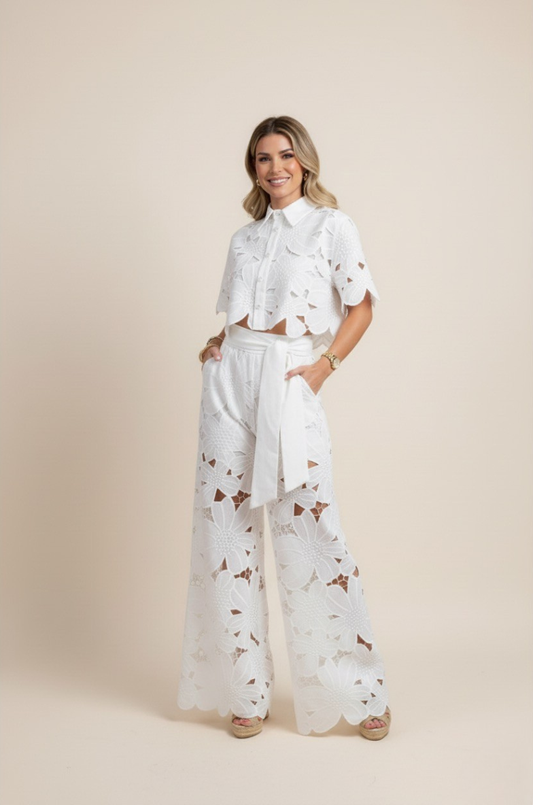 Delphine | Floral Lace Cut-Out Crop Top and Wide-Leg Pants Set