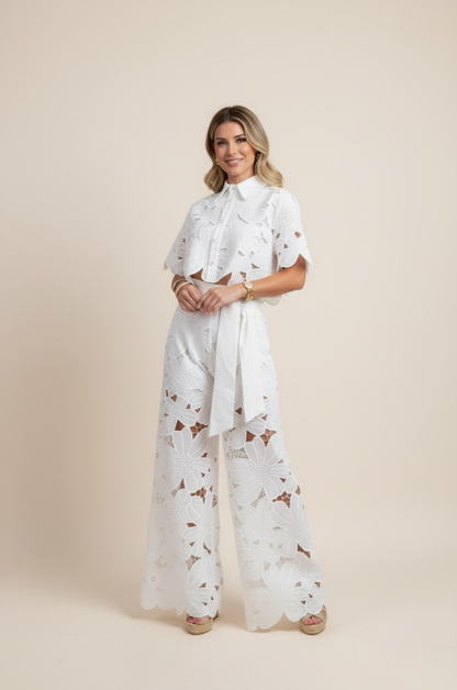 Delphine | Floral Lace Cut-Out Crop Top and Wide-Leg Pants Set