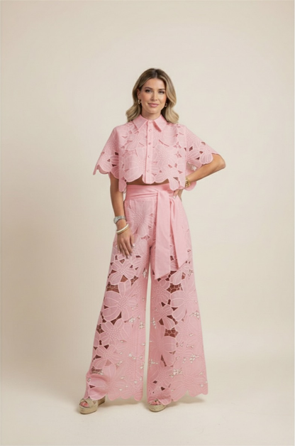 Delphine | Floral Lace Cut-Out Crop Top and Wide-Leg Pants Set