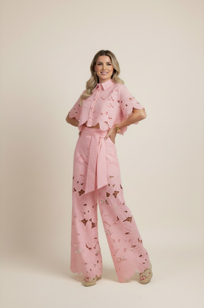 Delphine | Floral Lace Cut-Out Crop Top and Wide-Leg Pants Set