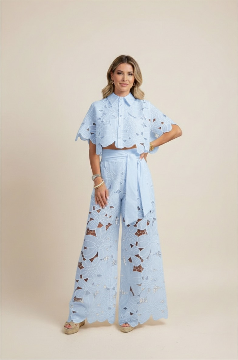 Delphine | Floral Lace Cut-Out Crop Top and Wide-Leg Pants Set