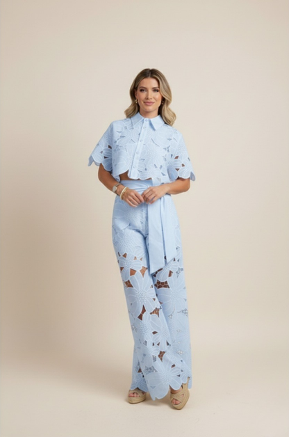 Delphine | Floral Lace Cut-Out Crop Top and Wide-Leg Pants Set