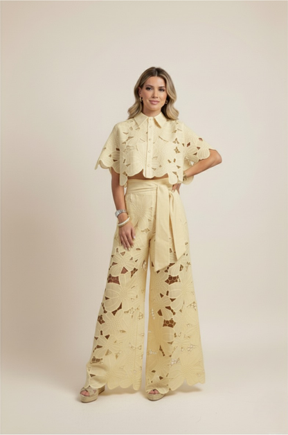 Delphine | Floral Lace Cut-Out Crop Top and Wide-Leg Pants Set