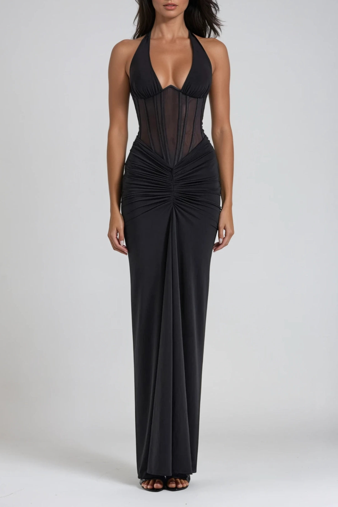Xiomara | Halter Neck Corset Bodice Ruched Maxi Dress