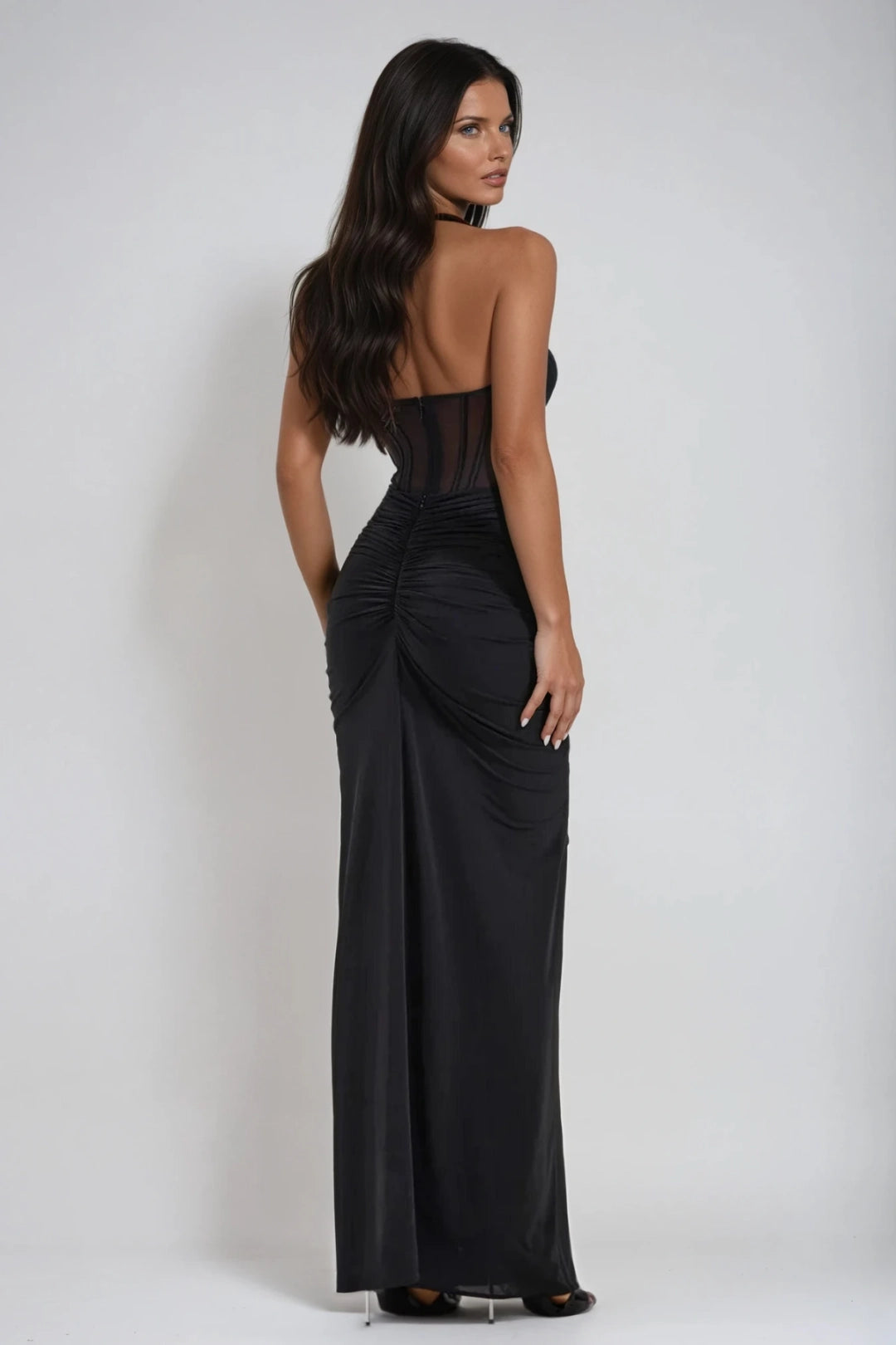 Xiomara | Halter Neck Corset Bodice Ruched Maxi Dress
