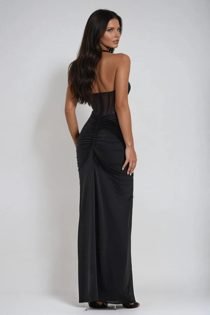 Xiomara | Halter Neck Corset Bodice Ruched Maxi Dress