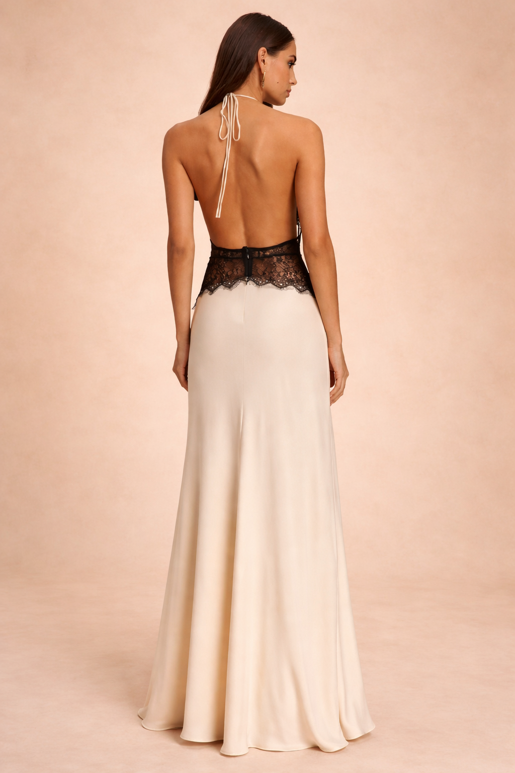 Wrenley | Halter Neck Satin Maxi Dress with Lace Waist Panel