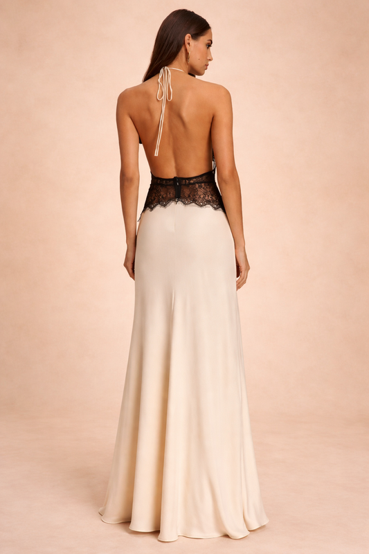 Wrenley | Halter Neck Satin Maxi Dress with Lace Waist Panel