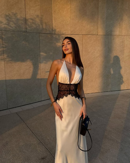 Wrenley | Halter Neck Satin Maxi Dress with Lace Waist Panel