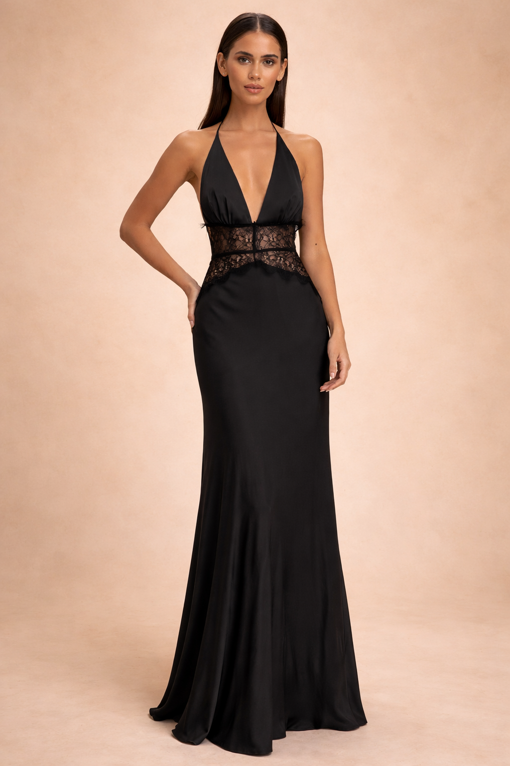 Wrenley | Halter Neck Satin Maxi Dress with Lace Waist Panel