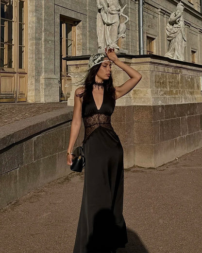 Wrenley | Halter Neck Satin Maxi Dress with Lace Waist Panel