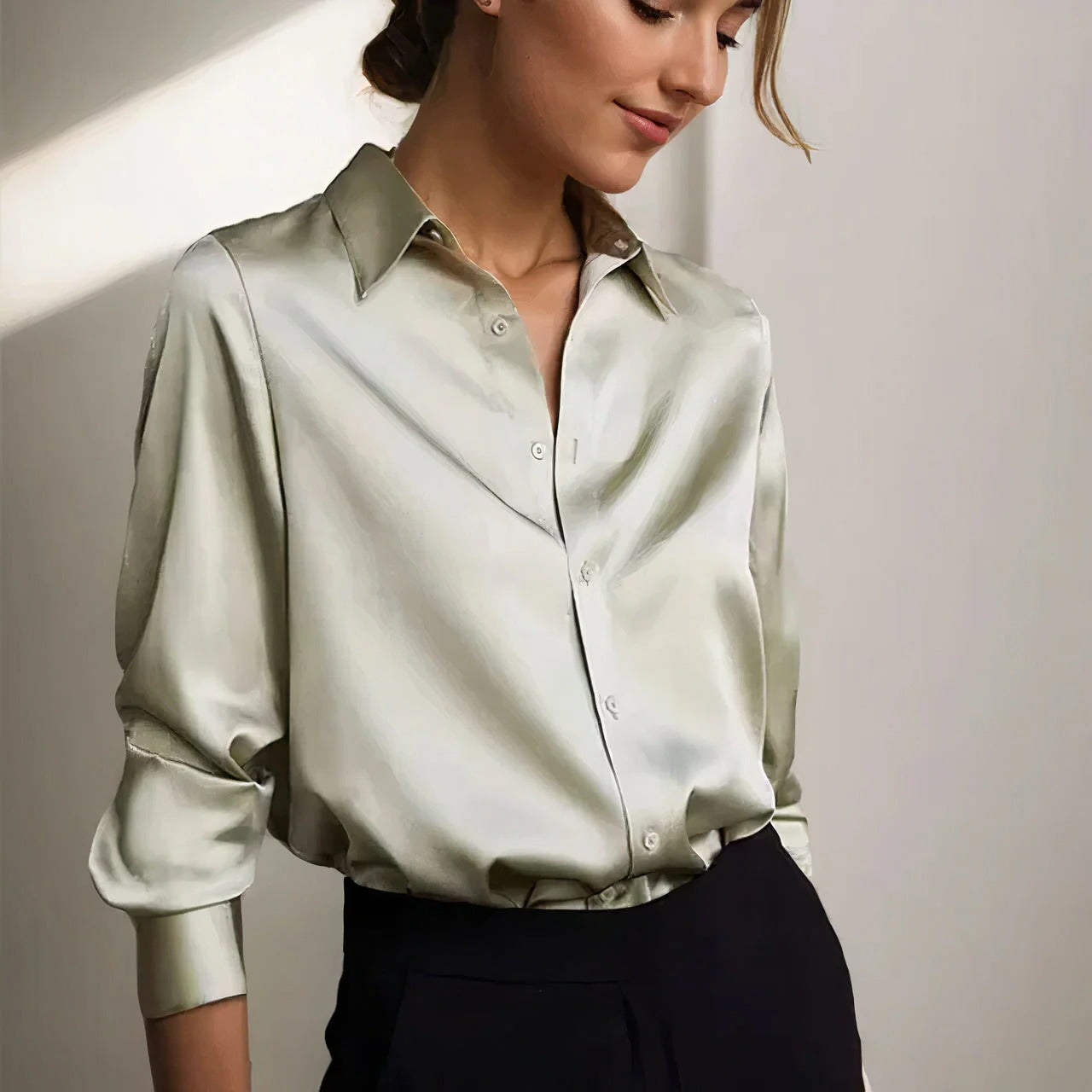 Sage | Satin Button-Down Top