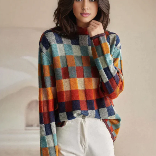 Andrea | Women's Knit Sweater with Color Block- and Plaid Pattern