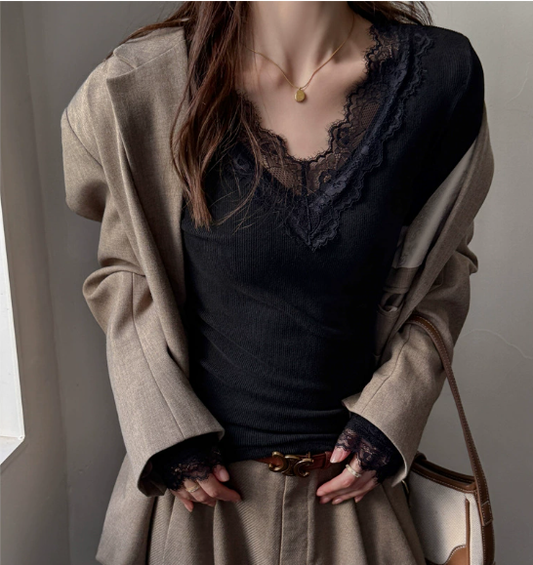 Joanna | Women's Langarm Knopf Spitzen Top with V-Neck