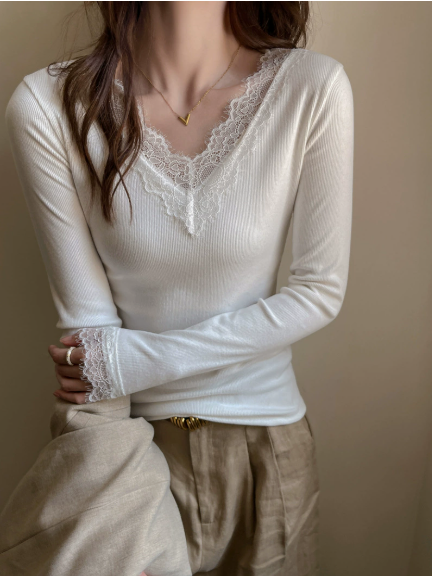 Joanna | Women's Langarm Knopf Spitzen Top with V-Neck