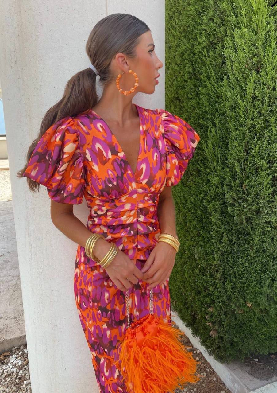Monika | Women's Summer Printed Midi Dress with Puff Sleeves