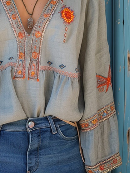 Yvonne | Women's V-Neck Relaxed Embroidered Summer Blouse