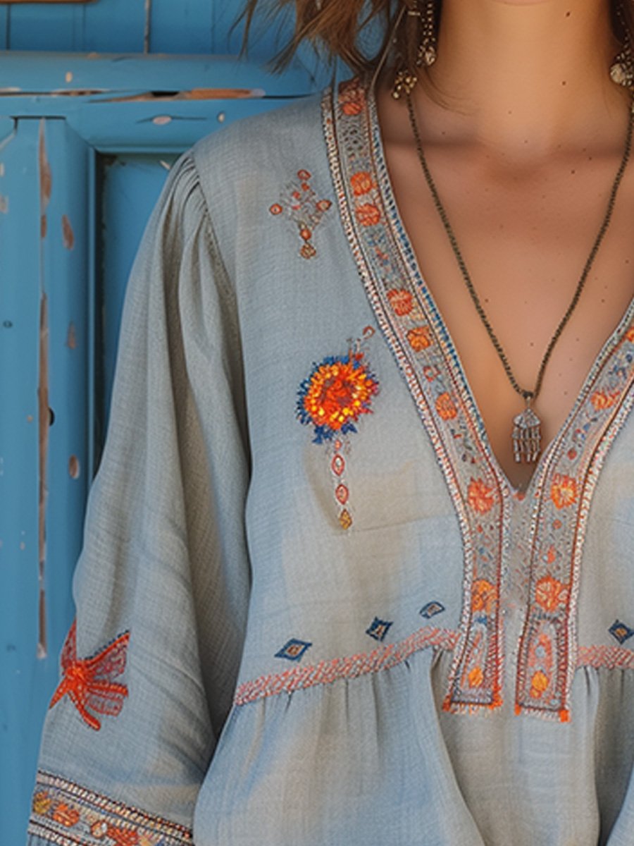 Yvonne | Women's V-Neck Relaxed Embroidered Summer Blouse