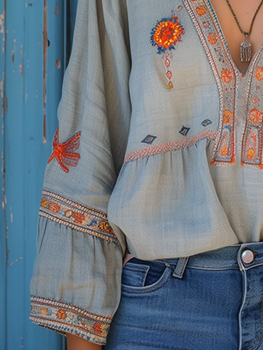 Yvonne | Women's V-Neck Relaxed Embroidered Summer Blouse
