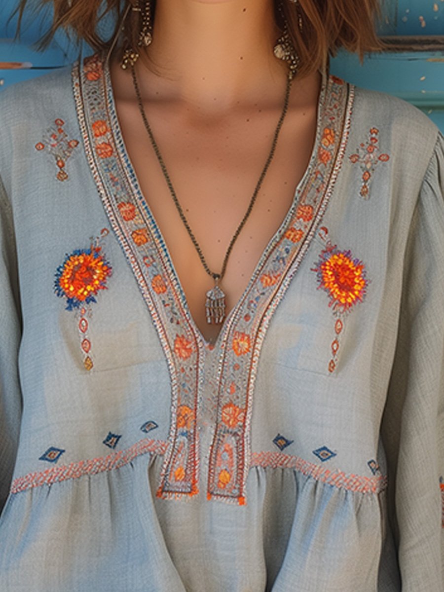 Yvonne | Women's V-Neck Relaxed Embroidered Summer Blouse